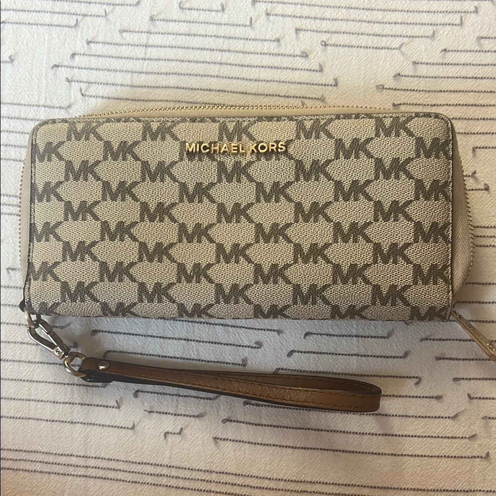 Michael Kors Beige and Brown Logo Wristlet
